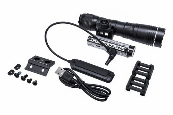Weapon light with rechargeable outlet, rechargeable battery, and rail mount.